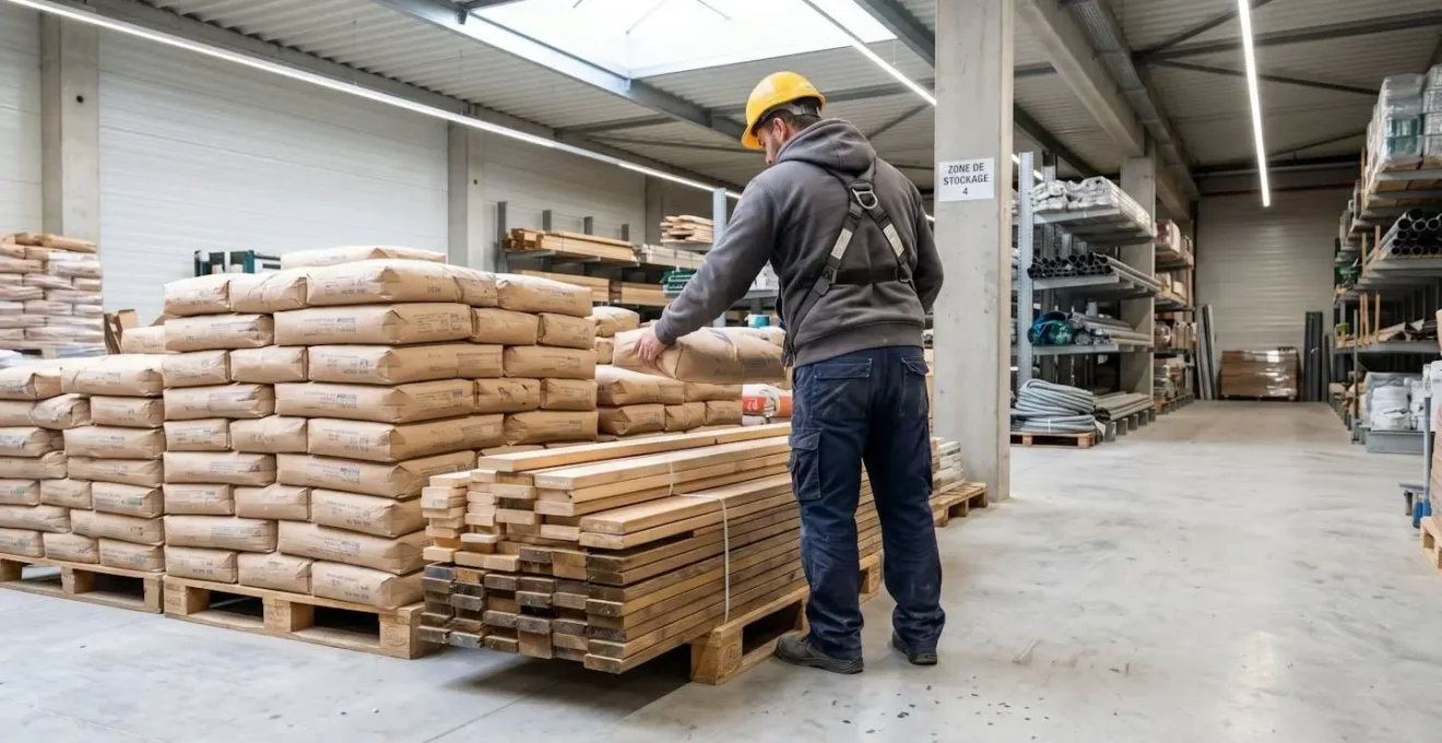 Artisan de dos organisant des sacs de matériaux et planches en bois dans un box de stockage bien éclairé
