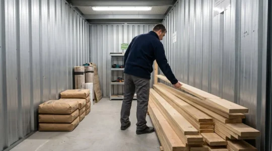 Artisan de dos organisant des sacs de matériaux et planches en bois dans un box de stockage bien éclairé