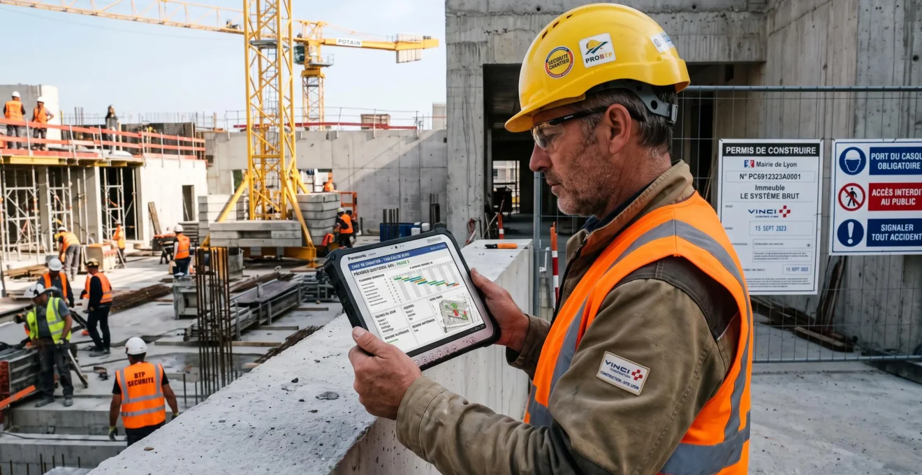Conducteur de travaux en casque jaune et gilet orange consultant une tablette durcie sur chantier actif avec grue et structure béton en arrière-plan
