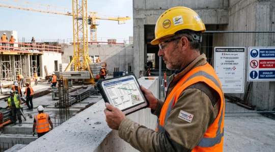 Conducteur de travaux en casque jaune et gilet orange consultant une tablette durcie sur chantier actif avec grue et structure béton en arrière-plan