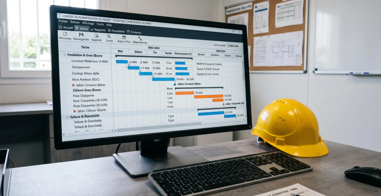 Écran d'ordinateur affichant une interface de planification GANTT avec barres de tâches colorées, jalons et colonnes de ressources, clavier et casque de chantier posés à côté