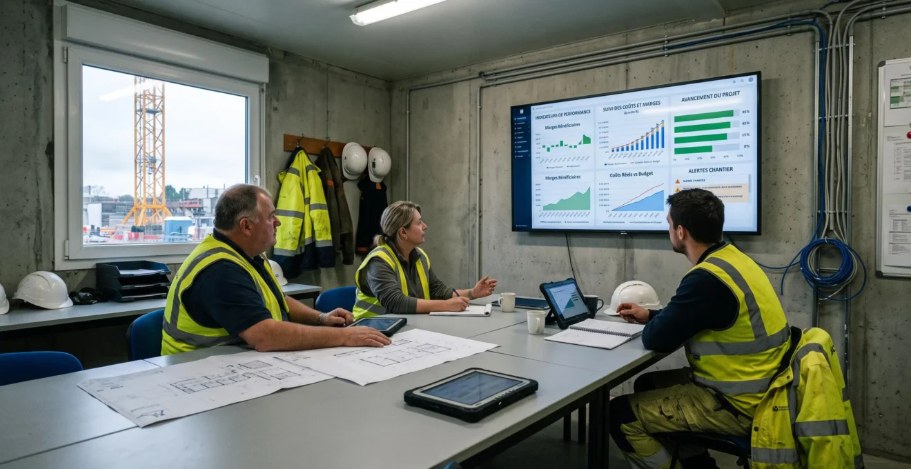Trois professionnels BTP en réunion autour d'une table face à un écran mural affichant tableaux de bord avec KPI financiers, graphiques d'avancement et alertes colorées